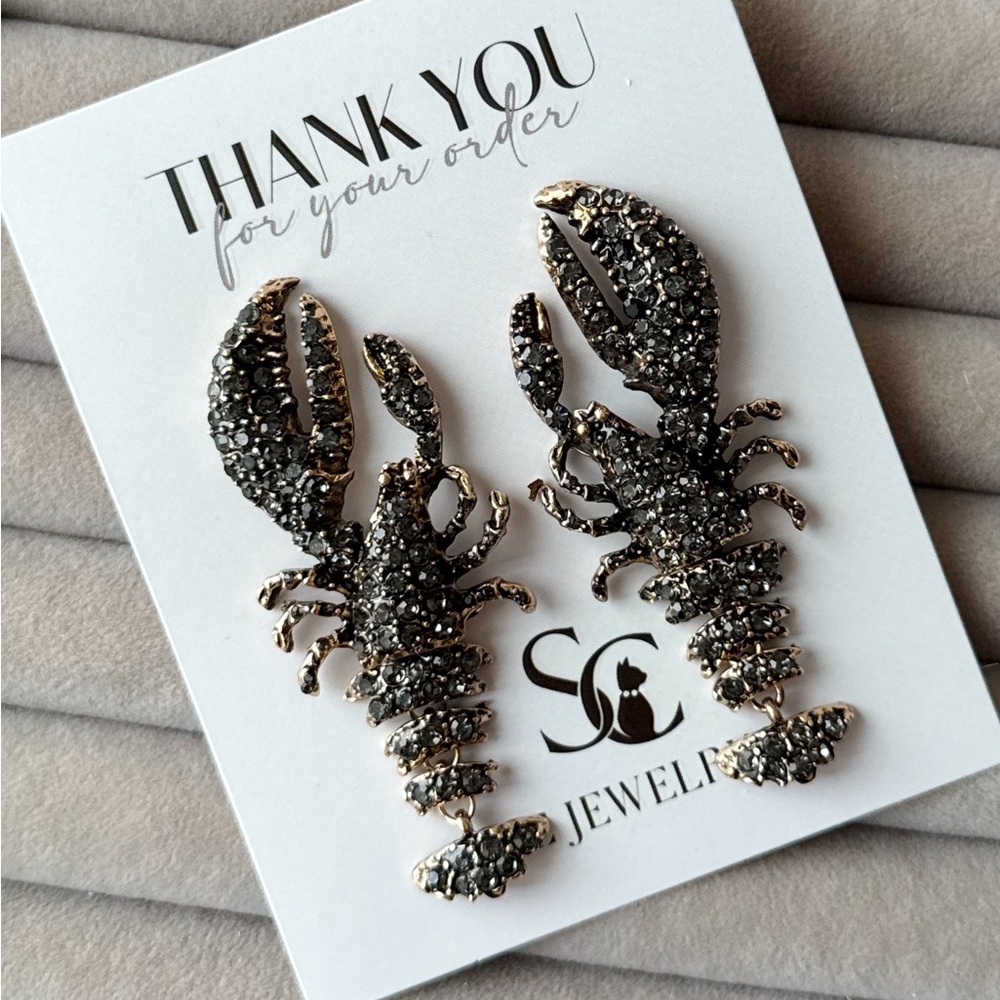 ZARA STYLE WOMAN RHINESTONE LOBSTER EARRINGS Anthracite grey